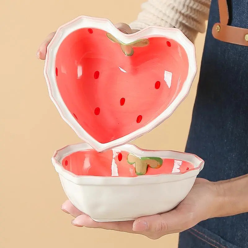 Heart-Shaped Ceramic Bowl and Spoon Set with Creative Strawberry Design, Durable Tableware for Kitchen and Dining