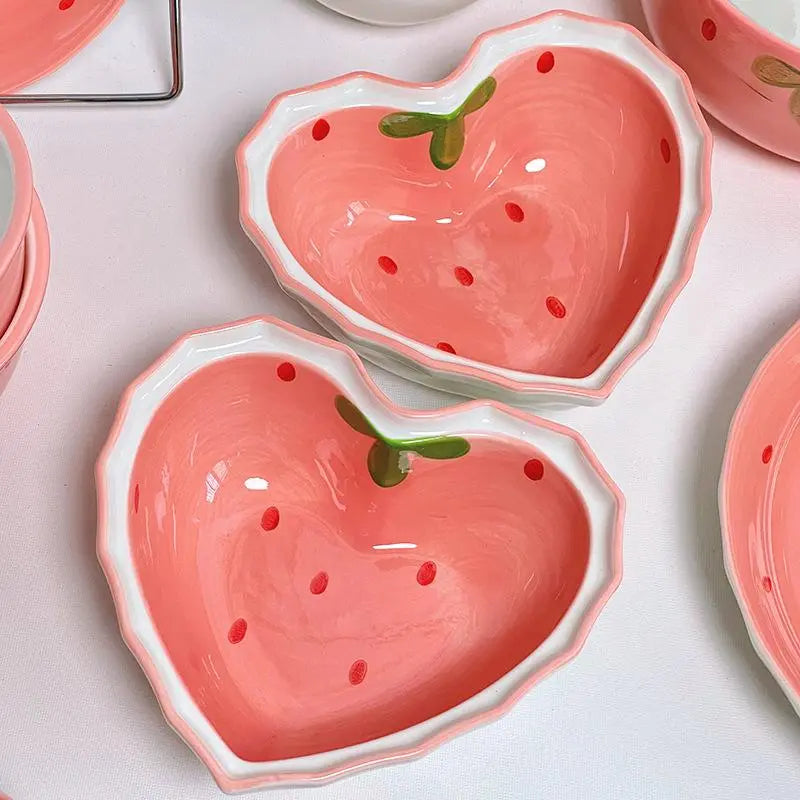 Heart-Shaped Ceramic Bowl and Spoon Set with Creative Strawberry Design, Durable Tableware for Kitchen and Dining