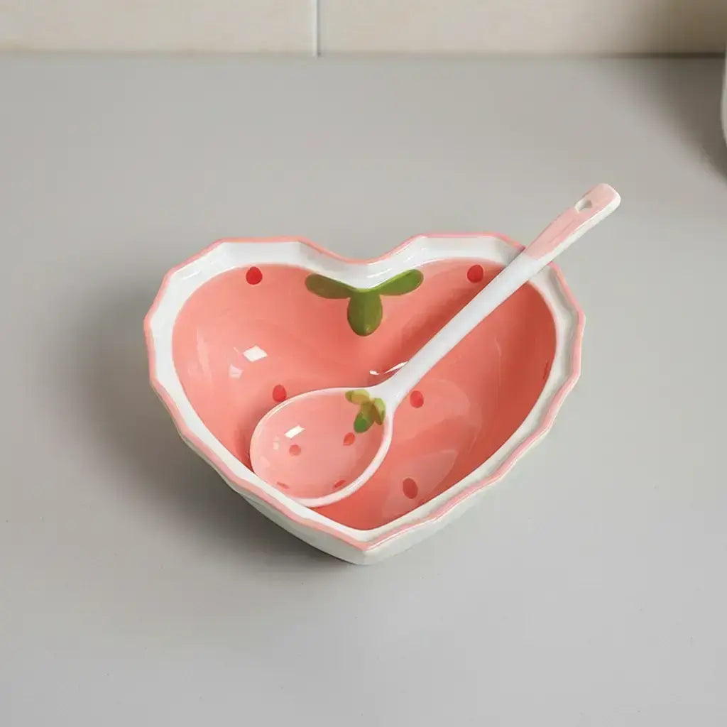 Heart-Shaped Ceramic Bowl and Spoon Set with Creative Strawberry Design, Durable Tableware for Kitchen and Dining