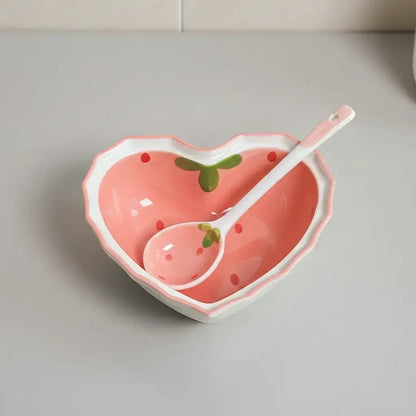 Heart-Shaped Ceramic Bowl and Spoon Set with Creative Strawberry Design, Durable Tableware for Kitchen and Dining