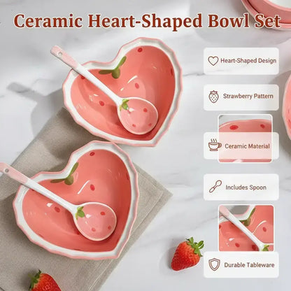 Heart-Shaped Ceramic Bowl and Spoon Set with Creative Strawberry Design, Durable Tableware for Kitchen and Dining