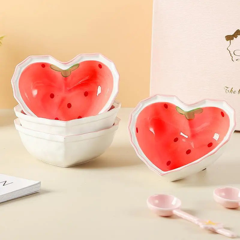 Heart-Shaped Ceramic Bowl and Spoon Set with Creative Strawberry Design, Durable Tableware for Kitchen and Dining