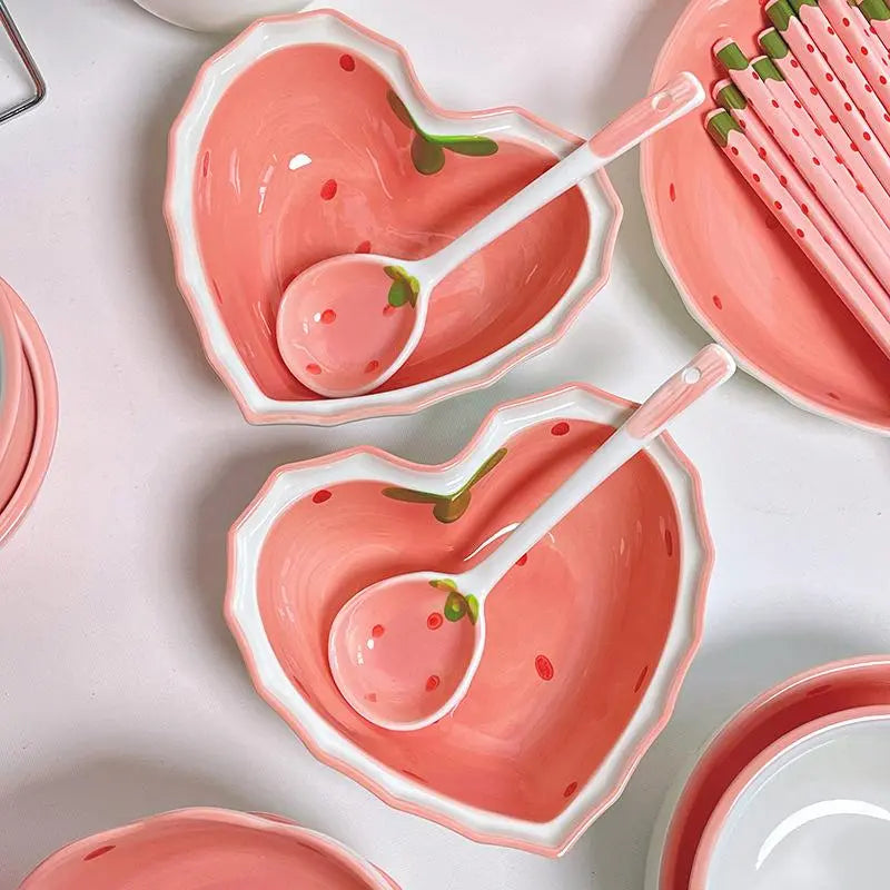 Heart-Shaped Ceramic Bowl and Spoon Set with Creative Strawberry Design, Durable Tableware for Kitchen and Dining