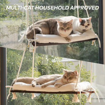 Solid Wood Cat Window Perch with Machine Washable Cushion and Strong Suction Cups for Cats and Small Dogs
