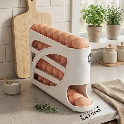 4-Tier Rolling Egg Organizer – Automatic Sliding, Stackable, Compact Fridge Storage Solution