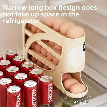 4-Tier Rolling Egg Organizer – Automatic Sliding, Stackable, Compact Fridge Storage Solution