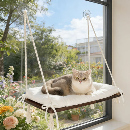 Solid Wood Cat Window Perch with Machine Washable Cushion and Strong Suction Cups for Cats and Small Dogs