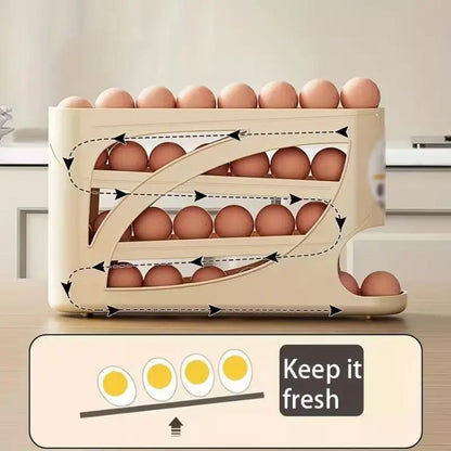 4-Tier Rolling Egg Organizer – Automatic Sliding, Stackable, Compact Fridge Storage Solution