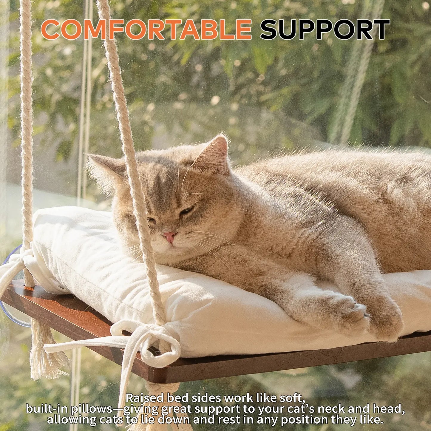 Solid Wood Cat Window Perch with Machine Washable Cushion and Strong Suction Cups for Cats and Small Dogs