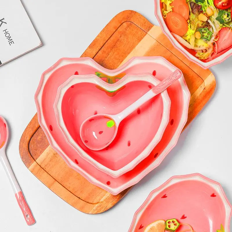 Heart-Shaped Ceramic Bowl and Spoon Set with Creative Strawberry Design, Durable Tableware for Kitchen and Dining