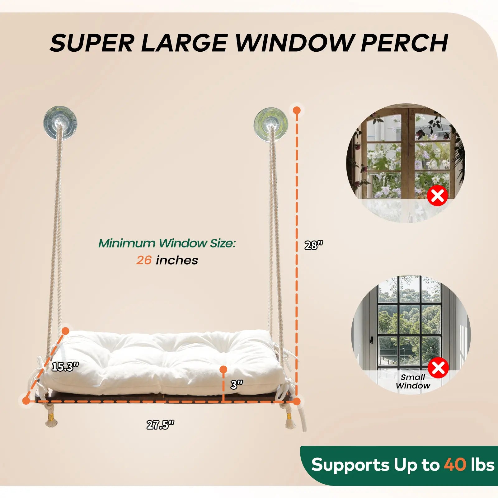 Solid Wood Cat Window Perch with Machine Washable Cushion and Strong Suction Cups for Cats and Small Dogs