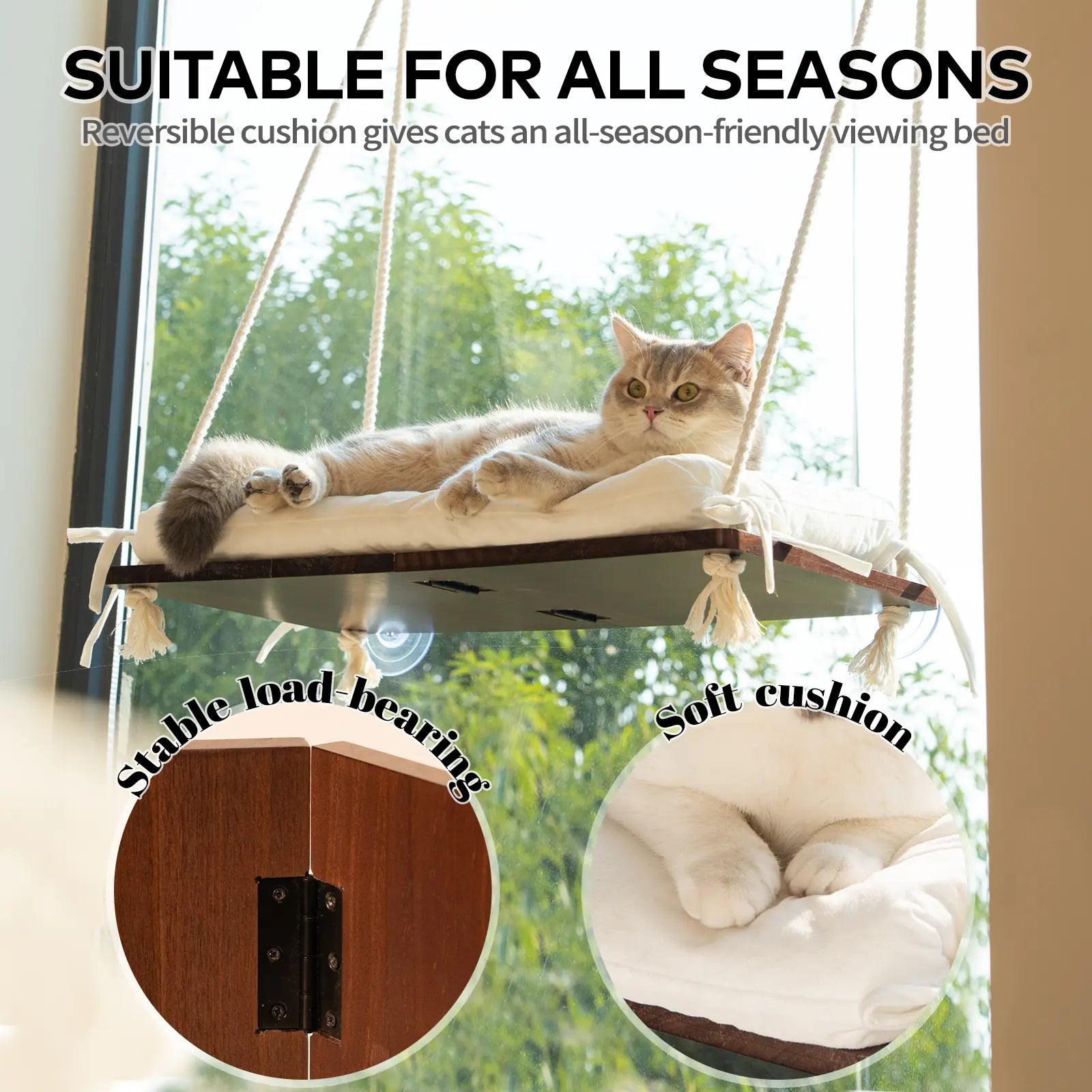 Solid Wood Cat Window Perch with Machine Washable Cushion and Strong Suction Cups for Cats and Small Dogs