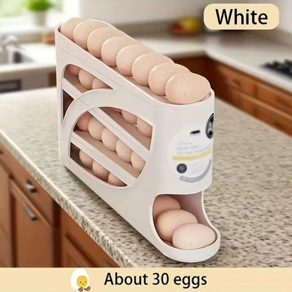 4-Tier Rolling Egg Organizer – Automatic Sliding, Stackable, Compact Fridge Storage Solution
