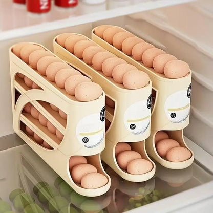 4-Tier Rolling Egg Organizer – Automatic Sliding, Stackable, Compact Fridge Storage Solution